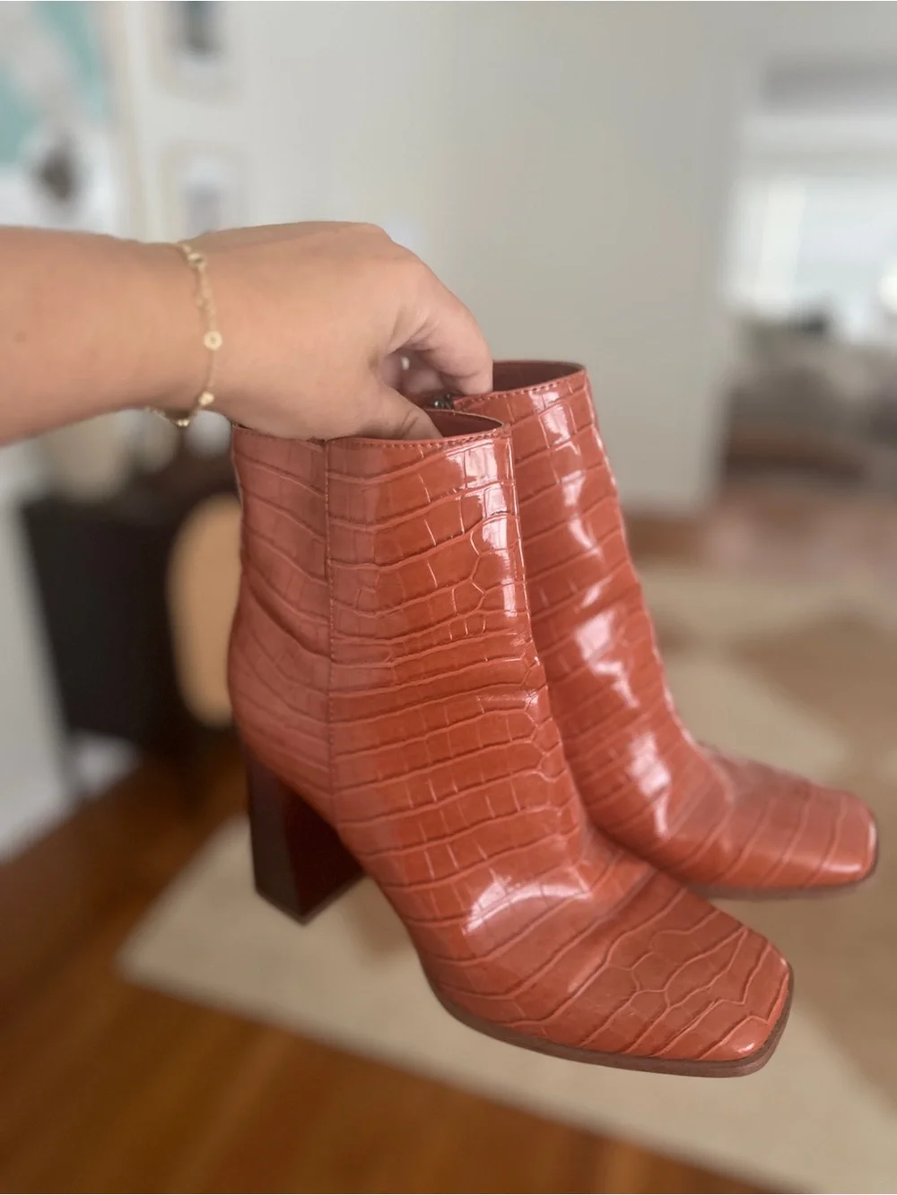 Women's Croc-Embossed Block Heel Ankle Boots - Rust
